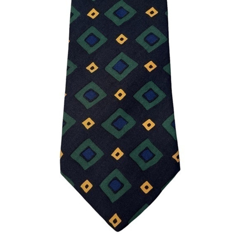Vintage Brooks Brothers navy blue green & yellow geometric print 4” tie